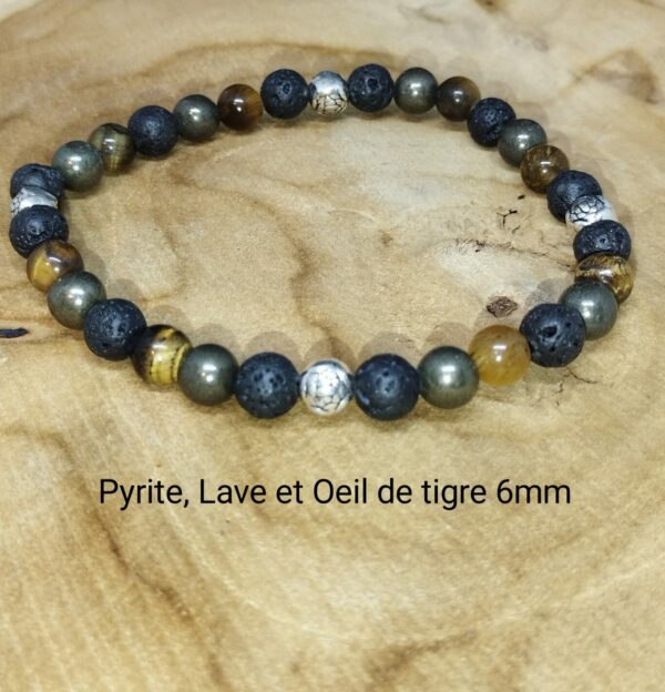 Bracelet Pierre de lave, Pyrite, oeil de tigre  6 mm