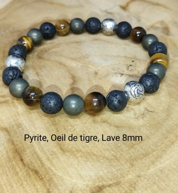 Bracelet Pyrite, Pierre de lave et Oeil de tigre 8 mm