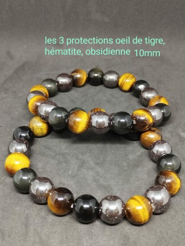 Bracelet 3 protections: Hématite, Oeil de tigre, Obsidienne 10 mm