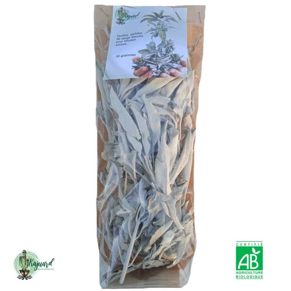 Sachets de 30 grammes de feuilles de sauge blanche.