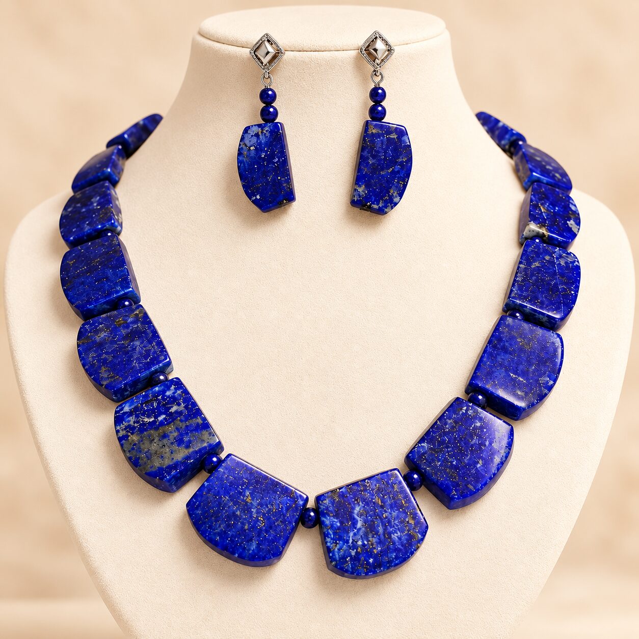 Parure collier et boucles d'oreilles en lapis lazuli création artisanale haut de gamme