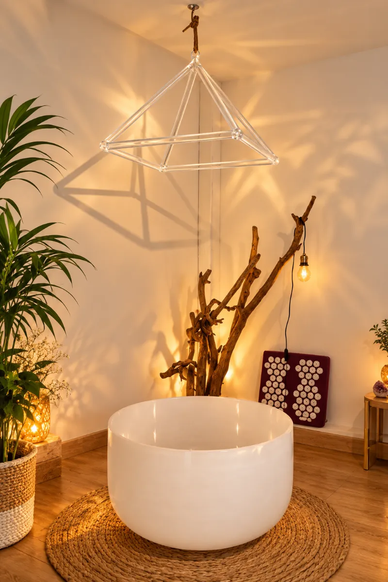 Bol en cristal de plus de 60 cm et pyramide en cristal suspendue pour la douche énergétique en sonothérapie