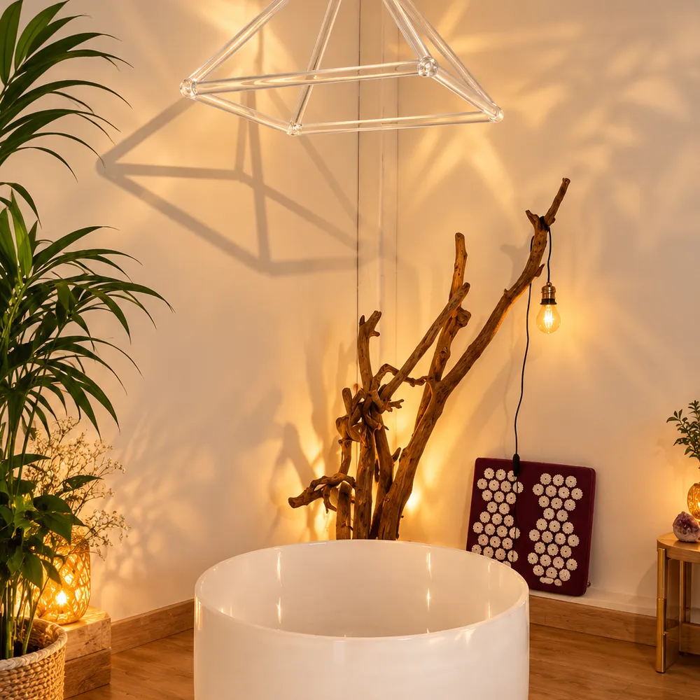 Grand bol en cristal de quartz et pyramide en cristal pour la sonothérapie au cabinet Les Soins de Mylie à Villemur-sur-Tarn
